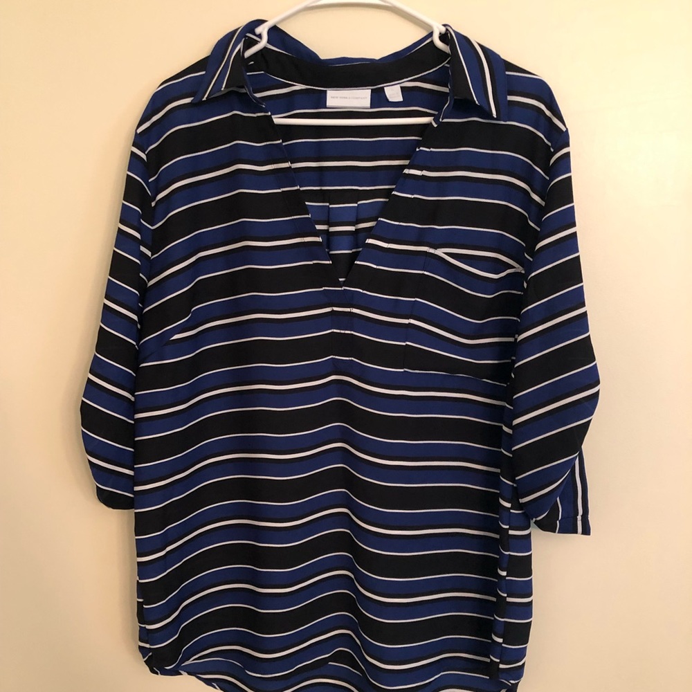 Black and blue striped work blouse